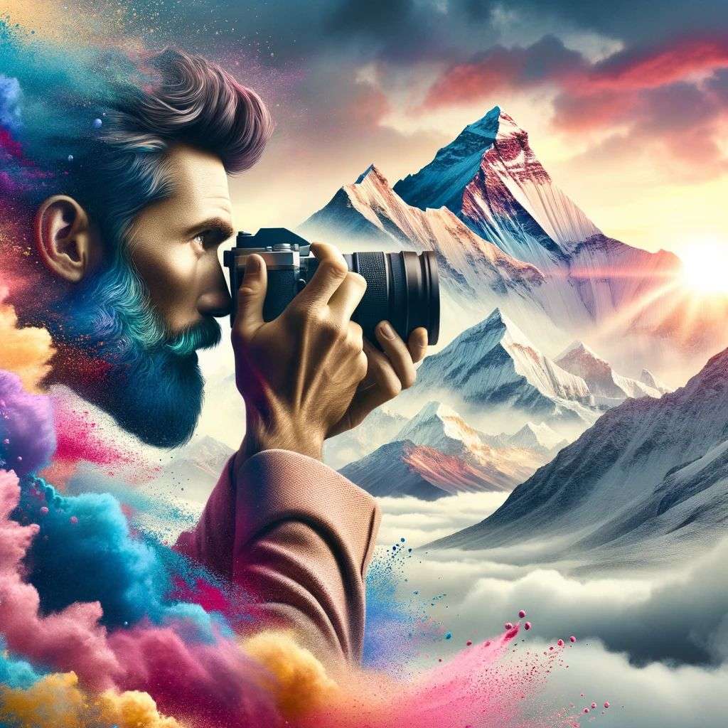 someone gazing at Mount Everest, made from a burst of colored powder, digital art